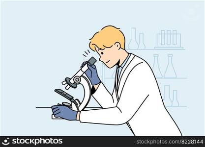 Young man scientist in white medical uniform look at s&le in microscope in lab. Male researcher examine specimen in laboratory. Medicine and biotechnology. Vector illustration. . Male scientist examine s&le in microscope 