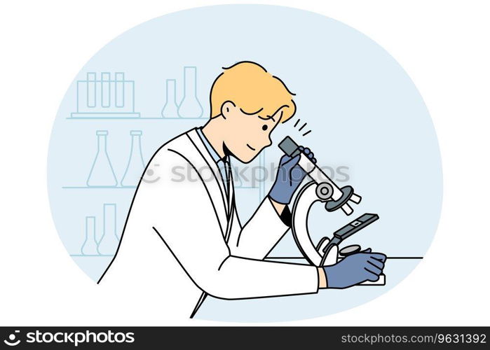 Young man scientist in white medical uniform look at s&le in microscope in lab. Male researcher examine specimen in laboratory. Medicine and biotechnology. Vector illustration.. Male scientist examine s&le in microscope