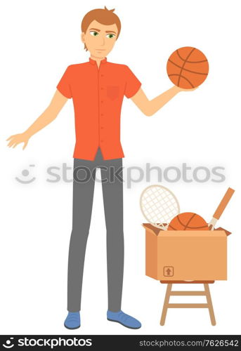 Young man selling sports equipment. Tennis rocket and basketball ball in cardboard box. Garage sale or flea market concept flat vector illustration. Event for sale used goods. Man Selling Sport Items in Cardbord Box Vector