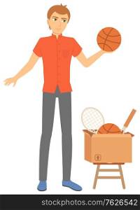 Young man selling sports equipment. Tennis rocket and basketball ball in cardboard box. Garage sale or flea market concept flat vector illustration. Event for sale used goods. Man Selling Sport Items in Cardbord Box Vector