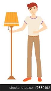 Young man selling vintage torchiere or orange floor lamp. Retro stylish piece of furniture for garage sale. Flea Market, second hand concept vector illustration. Man Selling Torchiere Floor Lampshade Vector Image