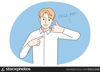 Young man showing Call me hand gesture. Male use body language for callback demand. Nonverbal communication. Vector illustration.. Man showing call me hand gesture