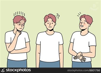 Young man showing different emotions. Millennial male feel emotional demonstrate various facial expression. Vector illustration. . Young man showing different emotions