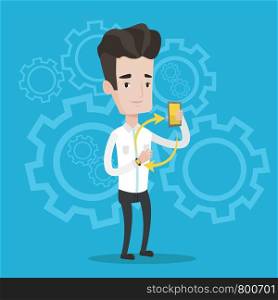 Young man showing his smartphone and smart watch on a blue background with cogwheels. Concept of synchronization between smartwatch and smartphone. Vector flat design illustration. Square layout.. Synchronization between smartwatch and smartphone.