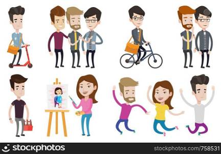 Young man showing something to his friends on his smartphone. Three happy caucasian friends looking at smartphone and laughing. Set of vector flat design illustrations isolated on white background.. Vector set of sport characters.
