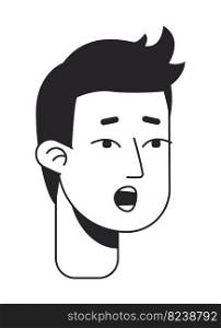 Young man showing surprise monochromatic flat vector character head. Black and white avatar icon. Editable cartoon user portrait. Hand drawn ink spot illustration for web graphic design and animation. Young man showing surprise monochromatic flat vector character head