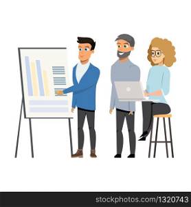 Young Man Shows Diagrams to Group of People at Meeting on Whiteboard or Flipchart paper. Startup Marketing Agency Brainstorm Concept. Cartoon Vector Illustration Flat. Young Man Shows Diagrams to Group of People at Meeting