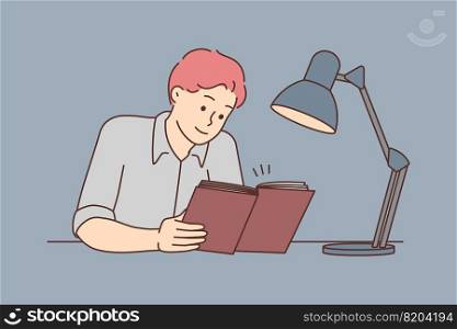 Young man sit at desk reading book with l&. Male reader enjoy literature at night. Bookworm and education. Hobby concept. Vector illustration.. Young man sit at desk reading book