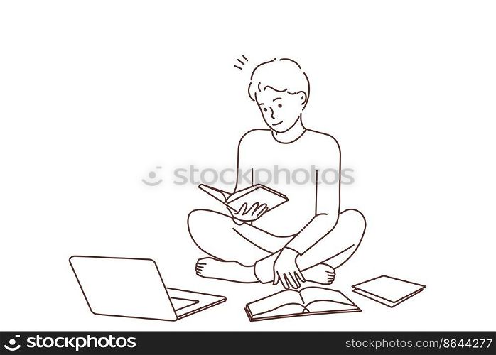 Young man sit on floor study with books using laptop. Smiling guy prepare homework with textbook with computer. Education. Vector illustration. . Man study with books and laptop 