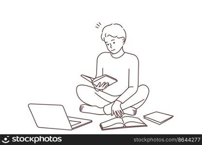 Young man sit on floor study with books using laptop. Smiling guy prepare homework with textbook with computer. Education. Vector illustration. . Man study with books and laptop 