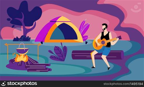 Young Man Sitting at Campfire at Night Time Singing Songs and Playing Guitar. Male Tourist Sparetime in Summer Camp. Summertime Leisure, Vacation Hiking or Traveling. Cartoon Flat Vector Illustration. Man Sitting at Campfire at Night Playing Guitar.