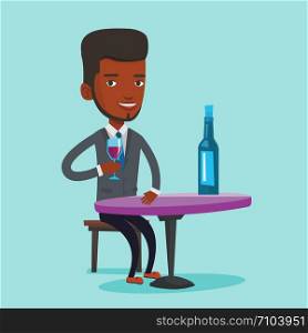 Young man sitting at the table with glass and bottle of wine. An african-american man drinking wine at restaurant. Man enjoying a drink at wine bar. Vector flat design illustration. Square layout. Man drinking wine at restaurant.