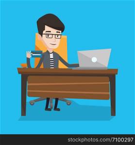 Young man sitting at the table with laptop and holding a credit card in hand. Customer using laptop for online shopping. Man shopping online at home. Vector flat design illustration. Square layout.. Man shopping online vector illustration.