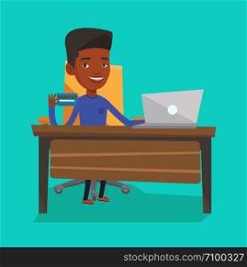 Young man sitting at the table with laptop and holding a credit card in hand. Customer using laptop for online shopping. Man shopping online at home. Vector flat design illustration. Square layout.. Man shopping online vector illustration.
