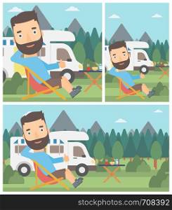 Young man sitting in a folding chair and giving thumb up on the background of camper van. Man enjoying vacation in camper van. Vector flat design illustration. Square, horizontal, vertical layouts.. Man sitting in chair in front of camper van.