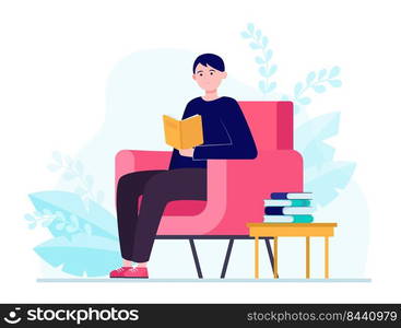 Young man sitting in armchair and reading book. Story, home, reader flat vector illustration. Hobby and isolation concept for banner, website design or landing web page