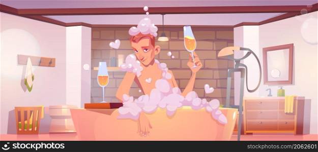 Young man sitting in bath tub with foam drinking champagne, dating in bathtub, relaxation, body care, honeymoon concept. Male character spa and bathing water procedures, Cartoon vector illustration. Young man sitting in bath tub drinking champagne