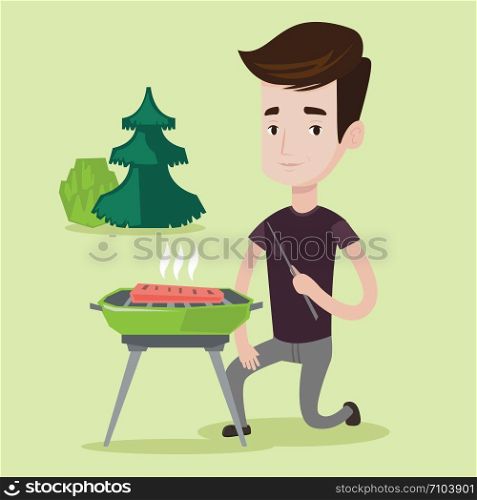 Young man sitting next to barbecue grill in the park. Man cooking meat on the barbecue grill outdoors. Smiling man having a barbecue party. Vector flat design illustration. Square layout.. Man cooking meat on barbecue vector illustration.