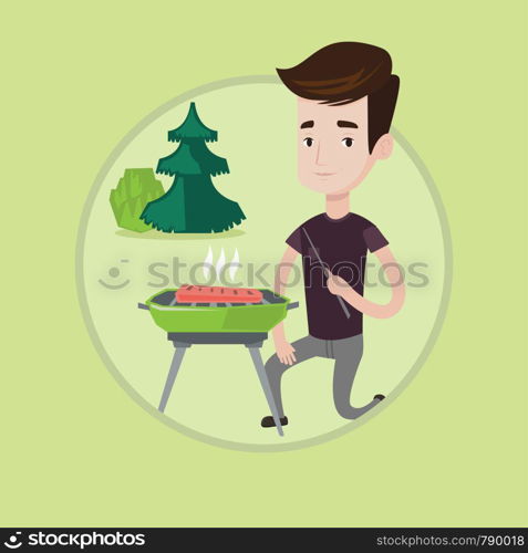 Young man sitting next to barbecue grill in the park. Man cooking steak on barbecue grill outdoors. Man having a barbecue party. Vector flat design illustration in the circle isolated on background.. Man cooking steak on barbecue vector illustration.