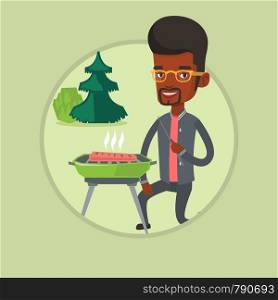 Young man sitting next to barbecue grill in the park. Man cooking steak on barbecue grill outdoors. Man having a barbecue party. Vector flat design illustration in the circle isolated on background.. Man cooking steak on barbecue vector illustration.