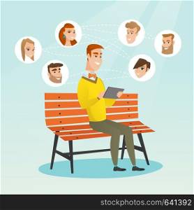 Young man sitting on a bench and using a tablet computer with network avatar icons above. Man surfing in the social network. Social network concept. Vector flat design illustration. Square layout.. Man surfing in the social network.