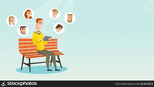 Young man sitting on a bench and using a tablet computer with network avatar icons above. Man surfing in the social network. Social network concept. Vector flat design illustration. Horizontal layout.. Man surfing in the social network.