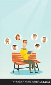 Young man sitting on a bench and using a tablet computer with network avatar icons above. Man surfing in the social network. Social network concept. Vector flat design illustration. Vertical layout.. Man surfing in the social network.