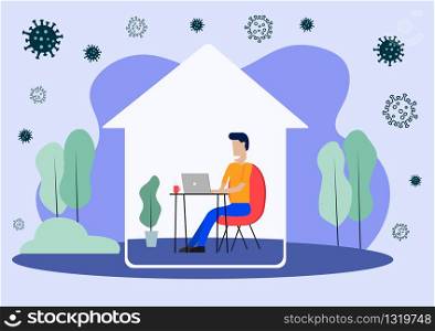 Young Man Sitting on a Chair Using Laptop Working at Home to Protect Himself From Corona Virus or Covid-19