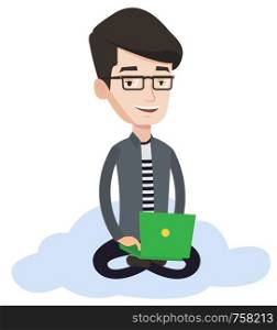 Young man sitting on a cloud with a laptop on his knees. Caucasian man using cloud computing technology. Concept of cloud computing . Vector flat design illustration isolated on white background.. Man using cloud computing technology.