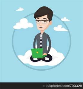 Young man sitting on a cloud with laptop on his knees. Caucasian man using cloud computing technology. Concept of cloud computing. Vector flat design illustration in the circle isolated on background.. Man using cloud computing technology.