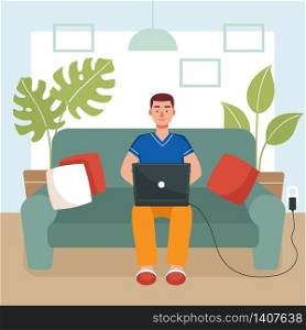 Young man sitting on a sofa and working on a laptop. Concept of quarantine, home activity, covid-19 prevention, isolation, freelance, telecommuting. Flat cartoon vector illustration