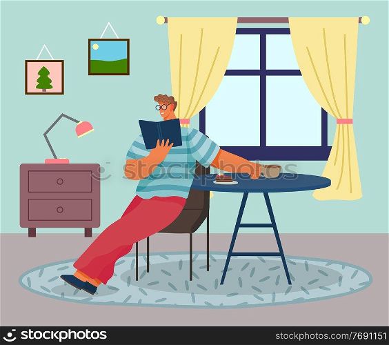 Young man sitting on chair and reading at home. Flat style male character at a table with coffee and books vector illustration. Spending time at home, relaxing after work, reading books, drinking tea. Young man sitting on chair and reading a book. Flat style male character at a table with coffee
