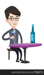 Young man sitting with glass and bottle of wine at restaurant. Man drinking wine at restaurant. Caucasian man enjoying wine at restaurant. Vector flat design illustration isolated on white background.. Man drinking wine at restaurant.