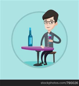 Young man sitting with glass and bottle of wine at restaurant. Man drinking wine at restaurant. Man enjoying wine at restaurant. Vector flat design illustration in the circle isolated on background.. Man drinking wine at restaurant.