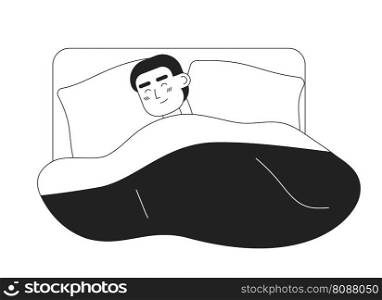 Young man sleeping in bed with comfort monochromatic flat vector character. Good night. Editable thin line half body person on white. Simple bw cartoon spot image for web graphic design, animation. Young man sleeping in bed with comfort monochromatic flat vector character