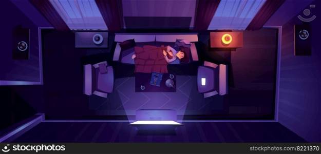 Young man sleeping on sofa at night top view, dormant male character hugging blanket nap front of tv set at home or hotel, relaxing or sleep on cozy couch in apartment. Cartoon vector illustration. Young man sleeping on sofa top view, night relax
