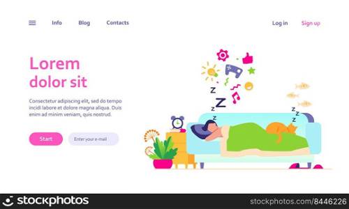 Young man sleeping on sofa with cat isolated flat vector illustration. Cartoon character dreaming under duvet at night. Nighttime and comfort concept