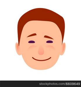 Young man smiling face icon. Brown-haired, blushed boy with joyed facial expression flat vector isolated on white background. Joyful male cartoon emotive portrait for user avatar illustration
