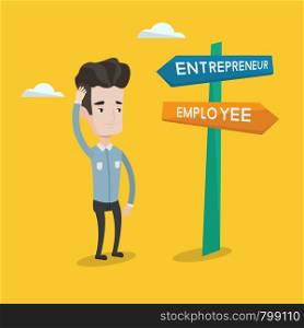 Young man standing at road sign with two career pathways - entrepreneur and employee. Man choosing career pathway. Man making a decision of his career. Vector flat design illustration. Square layout.. Confused man choosing career pathway.