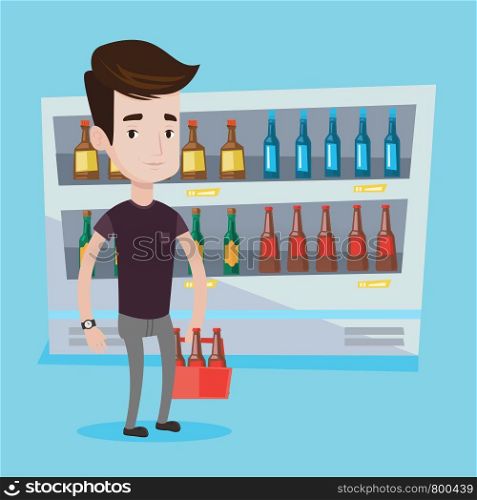 Young man standing in alcohol store with pack of beer on the background of refrigerator with bottles. Man standing at alcohol section in grocery store. Vector flat design illustration. Square layout.. Man with pack of beer at supermarket.