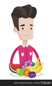 Young man standing in front of table full of fresh fruits. Caucasian man with plate full of fruits. Man eating fresh healthy fruits. Vector flat design illustration isolated on white background.. Man with fresh fruits vector illustration.