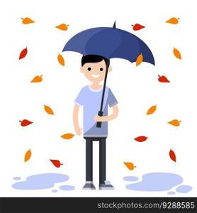 Young man standing in the rain with umbrella. Fall of orange and red autumn leaves. Cartoon flat illustration. Protection from Bad windy weather. Young man standing in the rain
