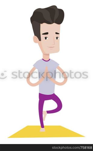 Young man standing in yoga tree pose. Caucasian sportsman meditating in yoga tree position. Sporty man doing yoga on the mat. Vector flat design illustration isolated on white background.. Man practicing yoga tree pose vector illustration.