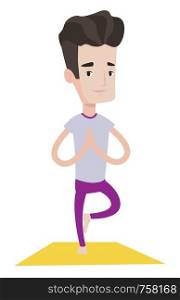 Young man standing in yoga tree pose. Caucasian sportsman meditating in yoga tree position. Sporty man doing yoga on the mat. Vector flat design illustration isolated on white background.. Man practicing yoga tree pose vector illustration.