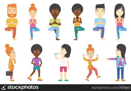 Young man standing in yoga tree pose. Sportsman meditating in yoga tree position. Sporty man doing yoga. Woman practicing yoga. Set of vector flat design illustrations isolated on white background.. Set of tourists business and sport characters.