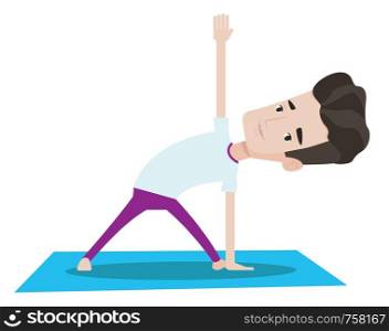 Young man standing in yoga triangle pose. Caucasian sportsman meditating in yoga triangle position. Sporty man doing yoga on the mat. Vector flat design illustration isolated on white background.. Man practicing yoga triangle pose.
