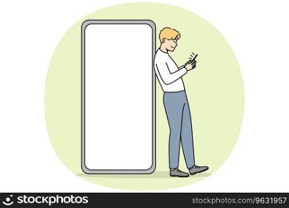 Young man standing near huge smartphone with mockup screen. Guy pose near cellphone with empty blank copy space display. Vector illustration.. Young man near huge cell with mockup screen