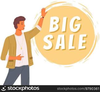 Young man standing near promotional banner with inscription. Poster with advertisement template. Male character advertising special offer, best goods, sale in online store vector illustration. Male character advertising special offer, best goods. Poster with advertisement of online store