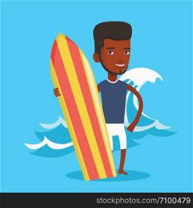 Young man standing with a surf board on the beach. Professional surfer with a surf board at the beach. Surfer standing on the background of sea wave. Vector flat design illustration. Square layout.. Surfer holding surfboard vector illustration.
