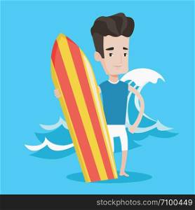 Young man standing with a surfboard on the beach. Professional surfer with a surf board at the beach. Surfer standing on a background of huge sea wave. Vector flat design illustration. Square layout.. Surfer holding surfboard vector illustration.